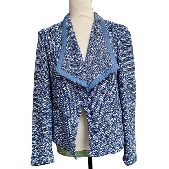 Talbots Blue White Tweed Open Front Blazer Jacket Small - Picture 1 of 16